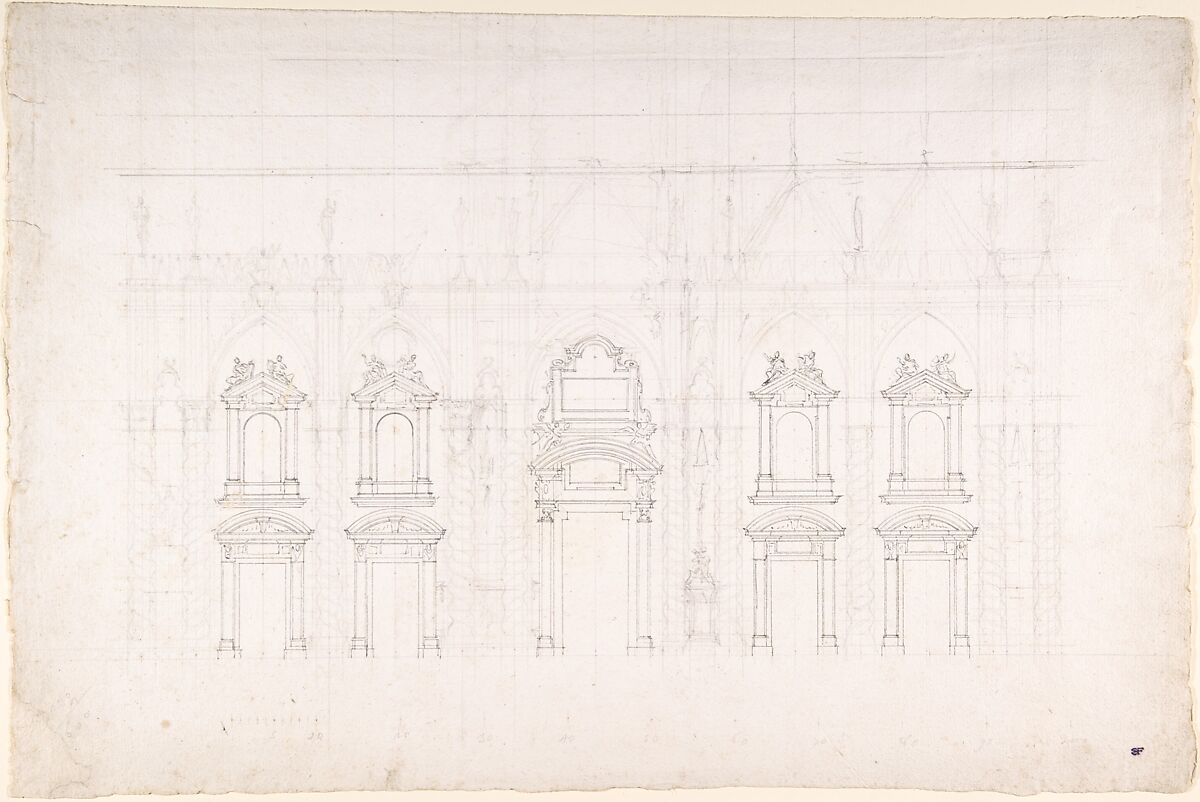 Detail study for the façade of Milan cathedral, Luigi Vanvitelli (Italian, Naples 1700–1773 Caserta), Pen and black ink over freehand graphite and compass and ruled construction lines in graphite 