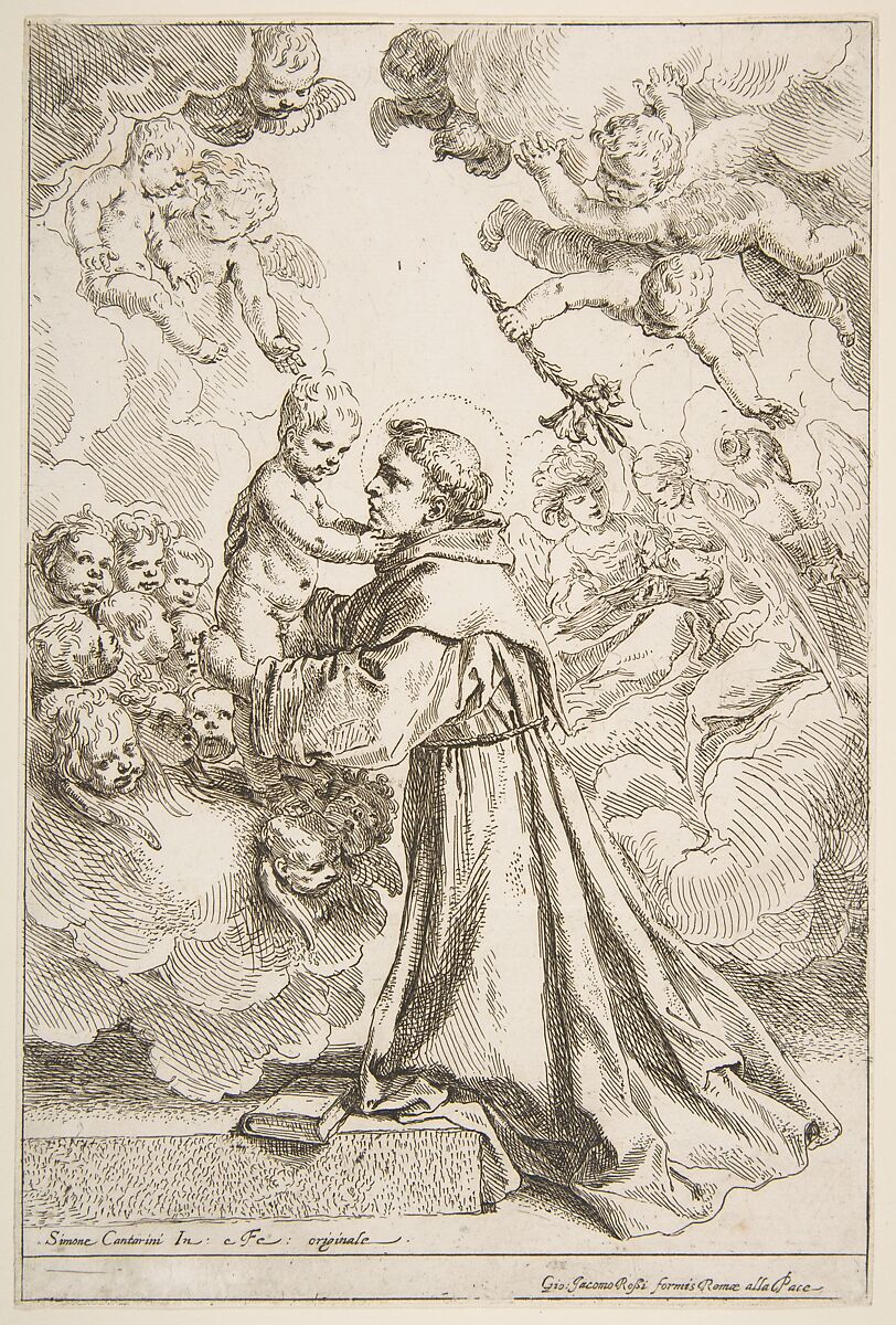 Saint Anthony of Padua adoring the Christ Child in Glory, Simone Cantarini (Italian, Pesaro 1612–1648 Verona), Etching 