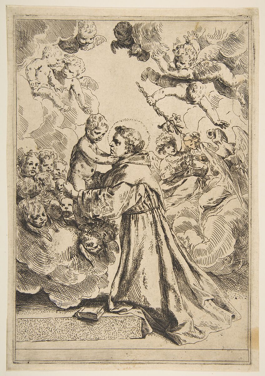 Saint Anthony of Padua adoring the Christ Child in Glory, copy after Cantarini, After Simone Cantarini (Italian, Pesaro 1612–1648 Verona), Etching 