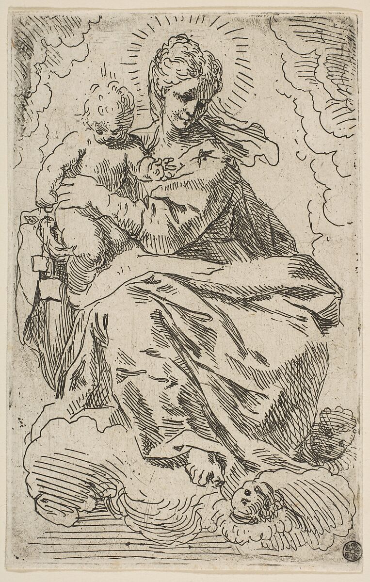 Madonna and Child on clouds, Attributed to Simone Cantarini (Italian, Pesaro 1612–1648 Verona), Etching 