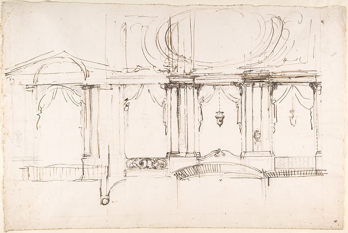 Design for a Theater Interior, Luigi Vanvitelli (Italian, Naples 1700–1773 Caserta), Pen and brown ink over freehand graphite and ruled construction lines in graphite 