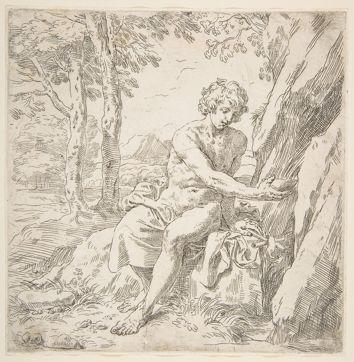 Saint John the Baptist in the desert, Simone Cantarini (Italian, Pesaro 1612–1648 Verona), Etching 