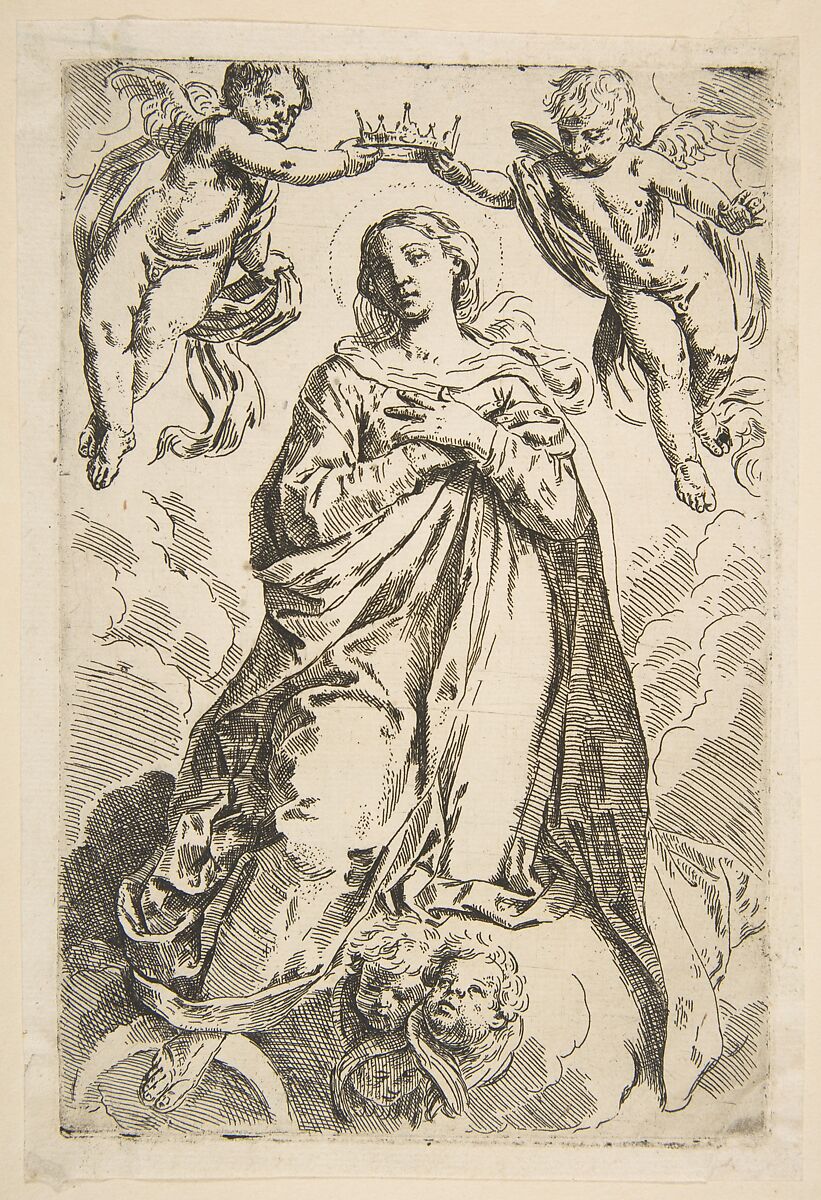 The Virgin being crowned by two angels, copy after Cantarini, After Simone Cantarini (Italian, Pesaro 1612–1648 Verona), Etching 