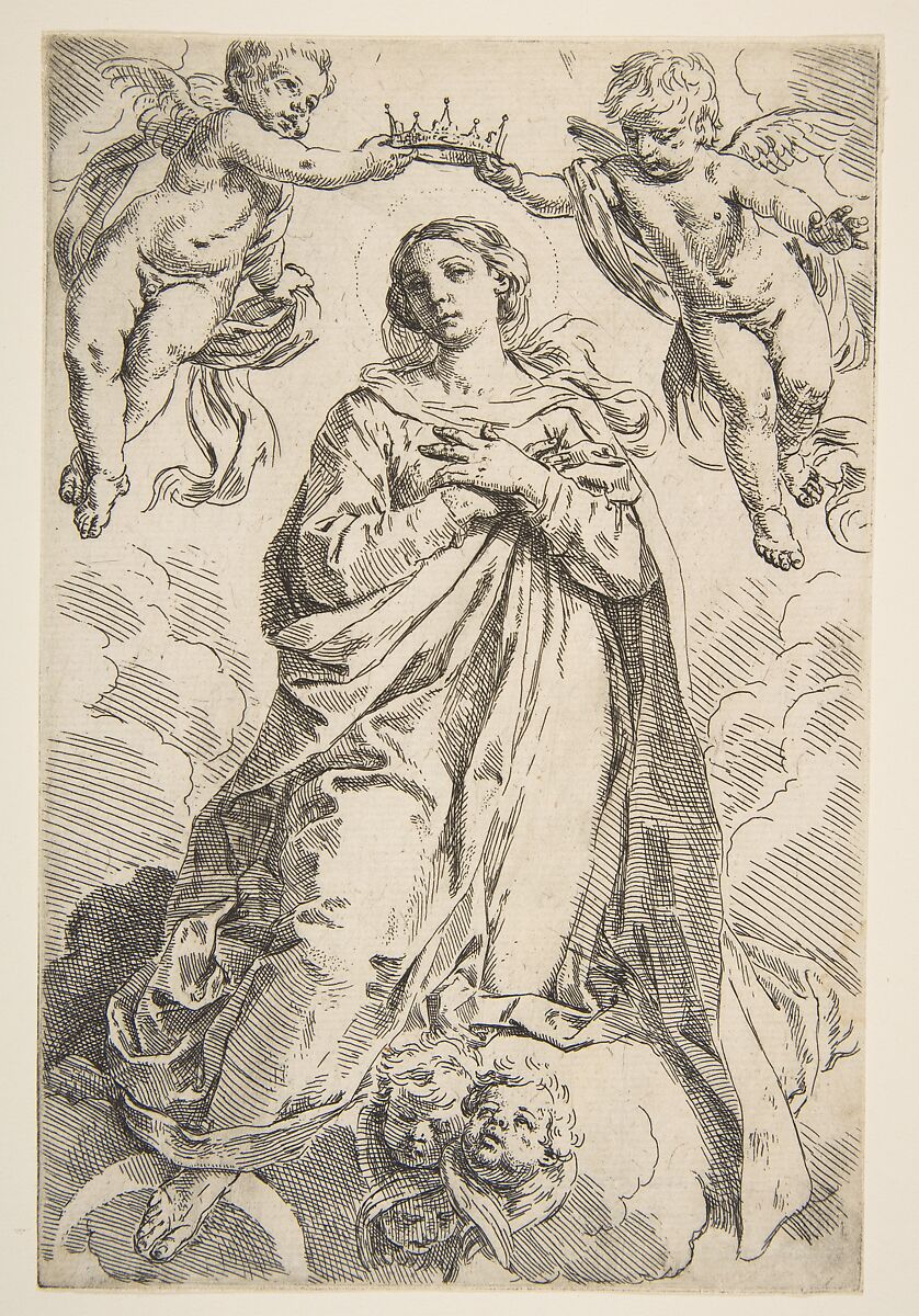 The Virgin being crowned by two angels, Simone Cantarini (Italian, Pesaro 1612–1648 Verona), Etching 