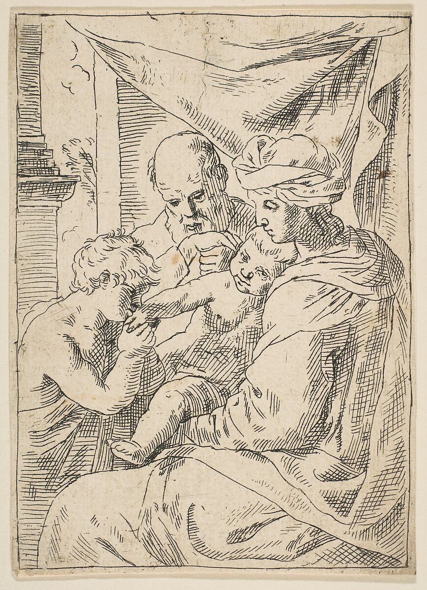Holy Family with Saint John the Baptist kissing the infant Christ's hand, copy in reverse after Cantarini, After Simone Cantarini (Italian, Pesaro 1612–1648 Verona), Etching 