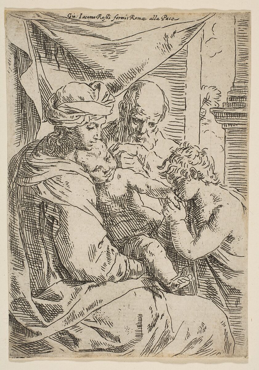 Holy Family with Saint John the Baptist kissing the infant Christ's hand, Simone Cantarini (Italian, Pesaro 1612–1648 Verona), Etching 