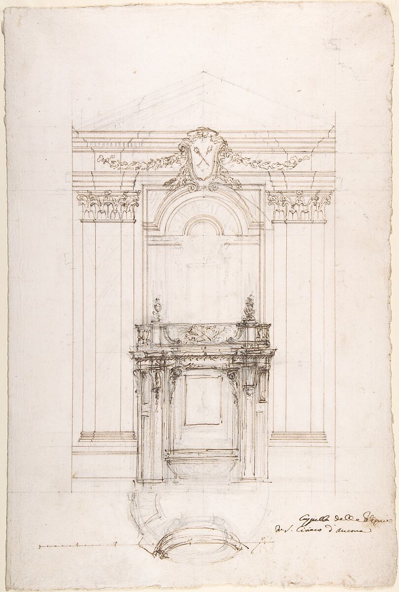 Project for a Chapel in the Church of San Ciriaco, Ancona, Luigi Vanvitelli (Italian, Naples 1700–1773 Caserta), Pen and dark brown ink, over freehand graphite and ruled construction lines in graphite 
