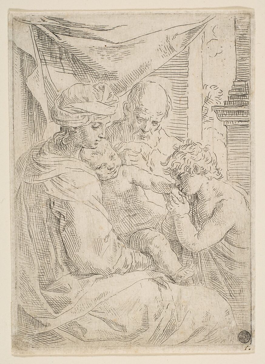 Holy Family with Saint John the Baptist kissing the infant Christ's hand, Simone Cantarini (Italian, Pesaro 1612–1648 Verona), Etching 