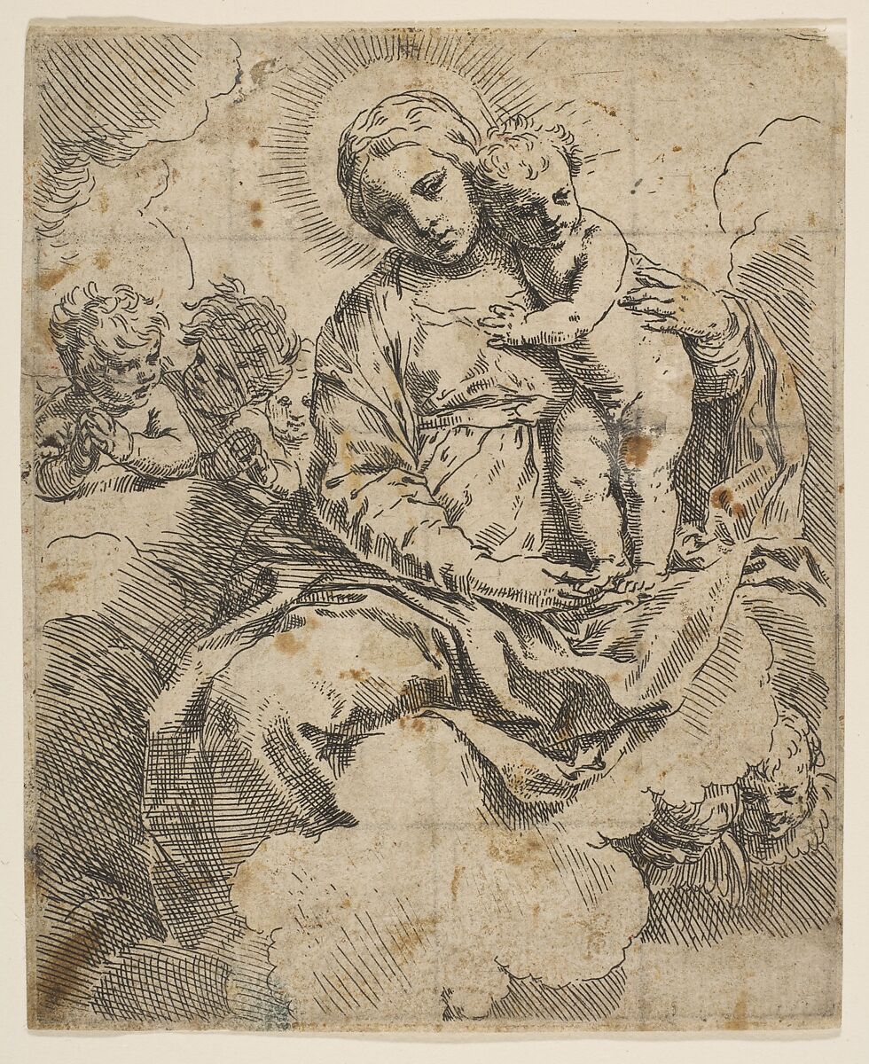 Madonna and Child seated on clouds and surrounded by angels, Simone Cantarini (Italian, Pesaro 1612–1648 Verona), Etching 