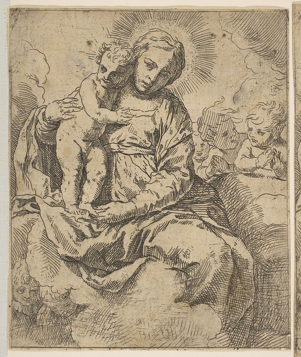 Madonna and Child seated on clouds and surrounded by angels, copy in reverse after Cantarini, After Simone Cantarini (Italian, Pesaro 1612–1648 Verona), Etching 