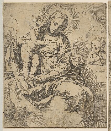 Madonna and Child seated on clouds and surrounded by angels, copy in reverse after Cantarini