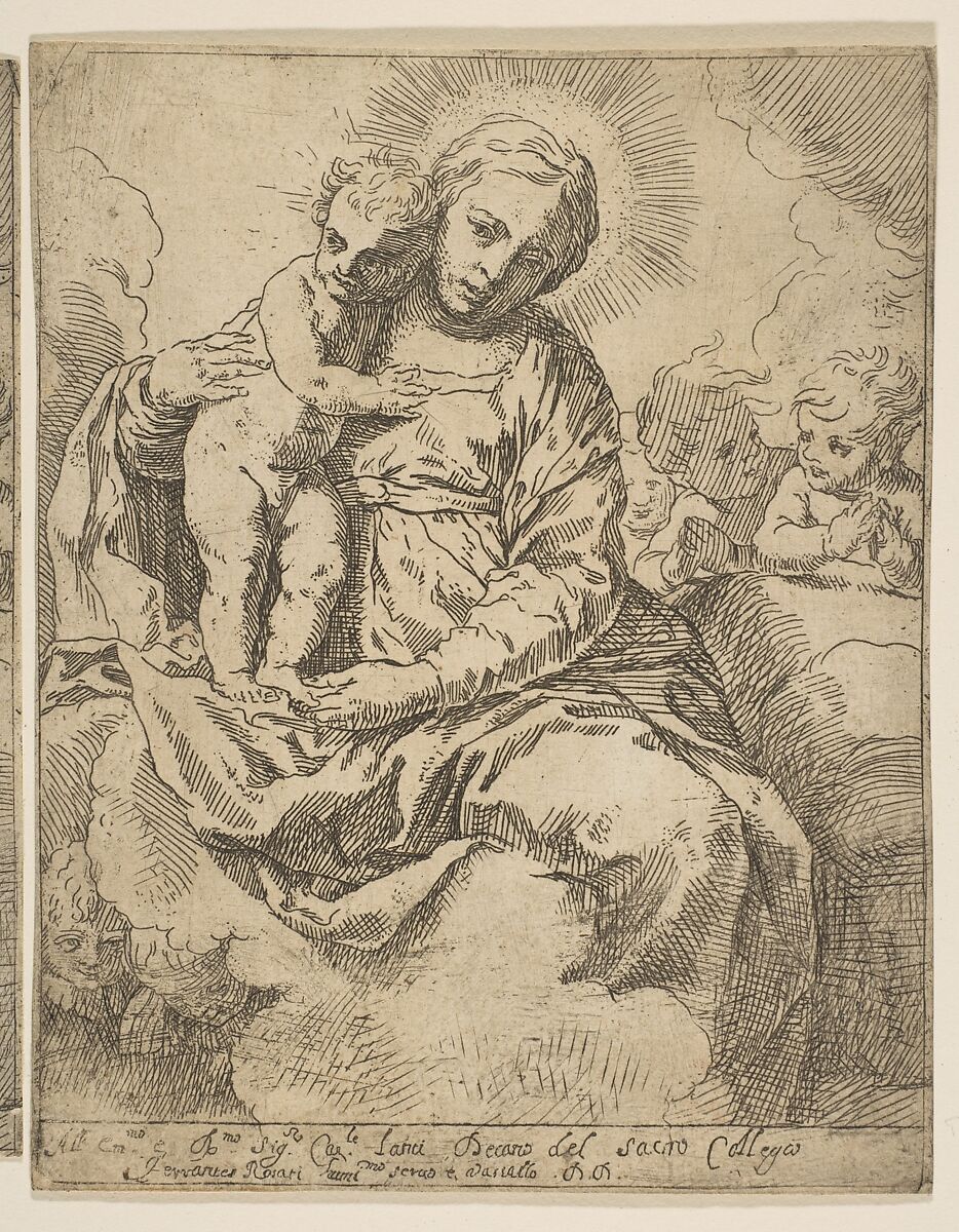 Madonna and Child seated on clouds and surrounded by angels, copy in reverse after Cantarini, After Simone Cantarini (Italian, Pesaro 1612–1648 Verona), Etching 