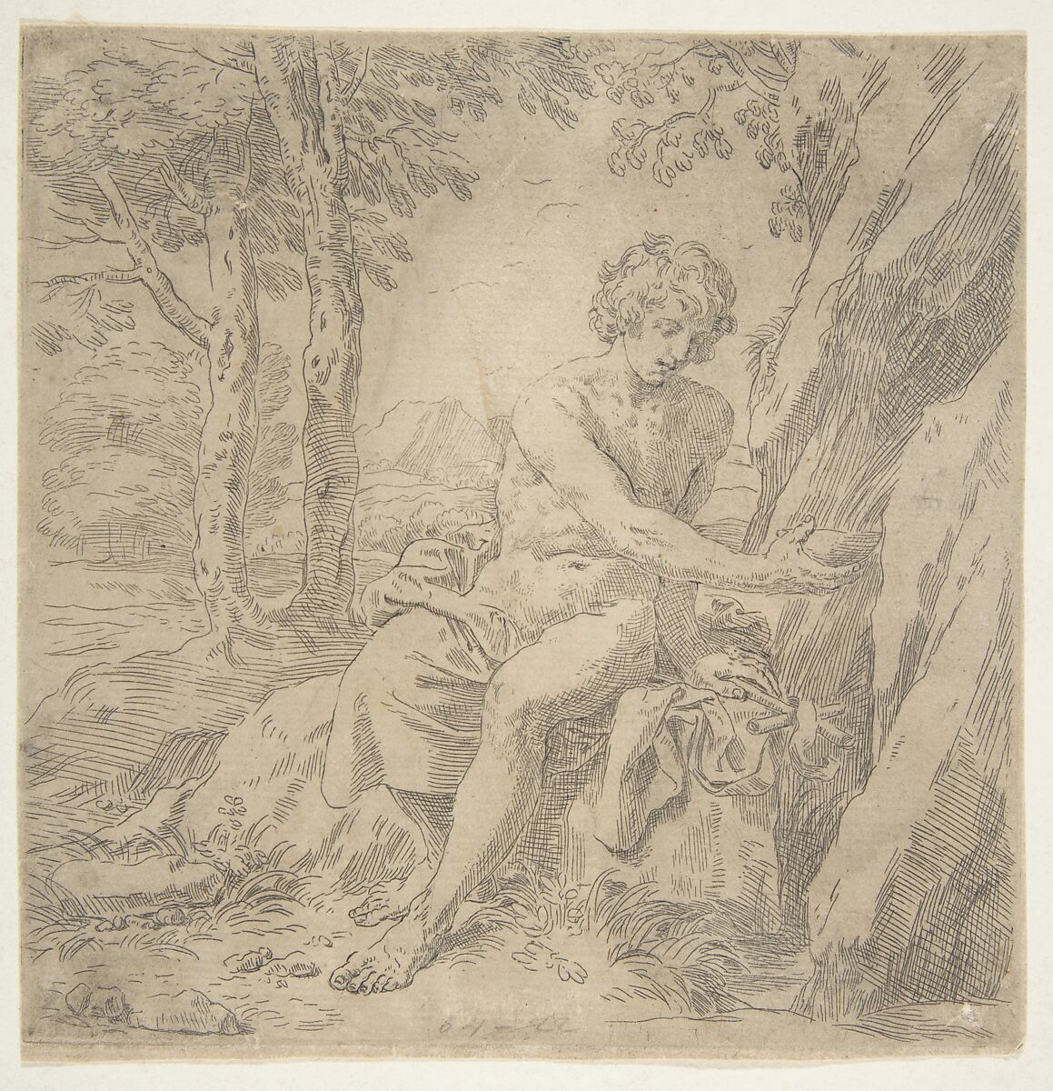 Saint John the Baptist in the desert, Simone Cantarini (Italian, Pesaro 1612–1648 Verona), Etching 