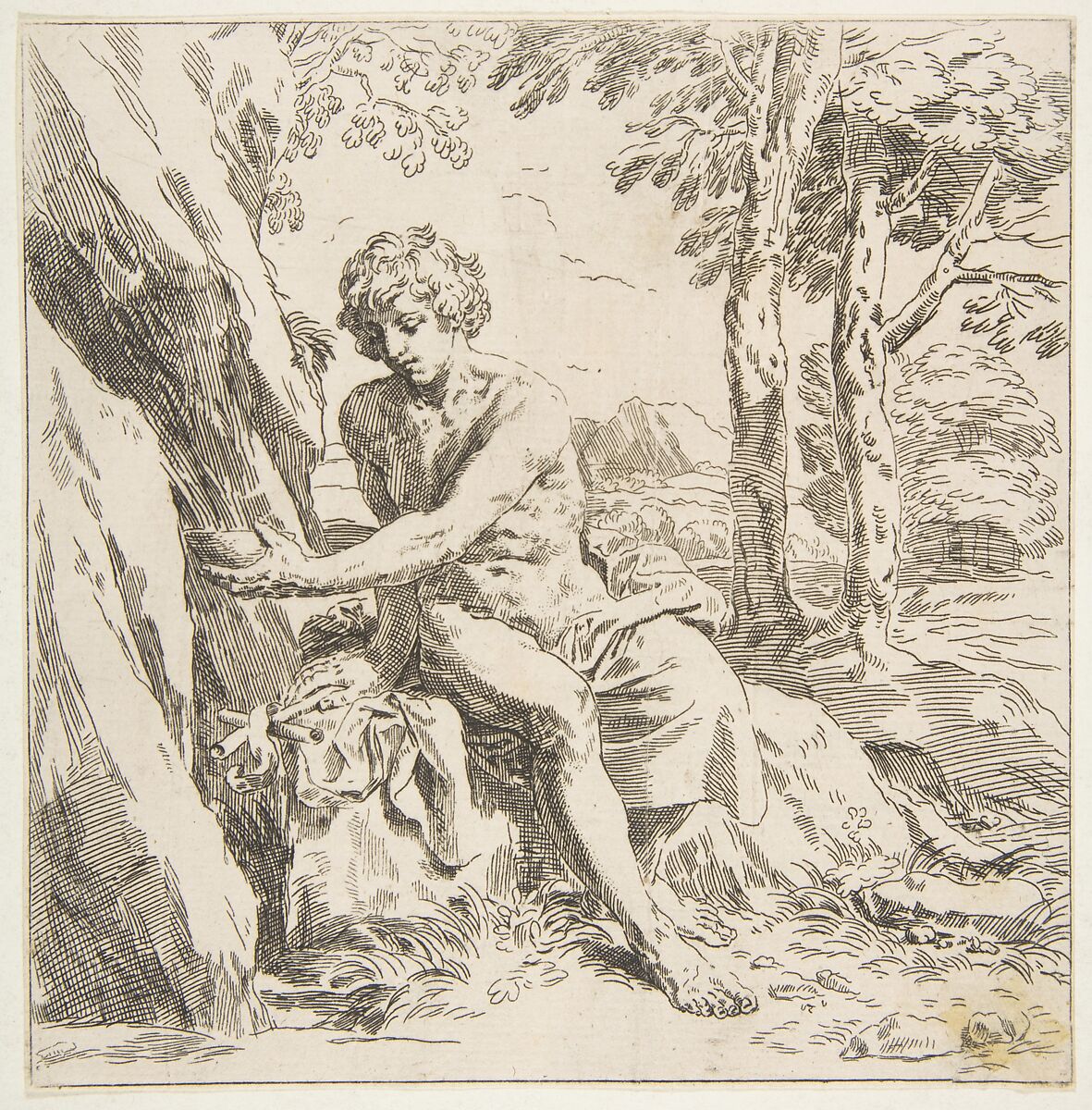 Saint John the Baptist in the desert, copy in reverse after Cantarini, After Simone Cantarini (Italian, Pesaro 1612–1648 Verona), Etching 