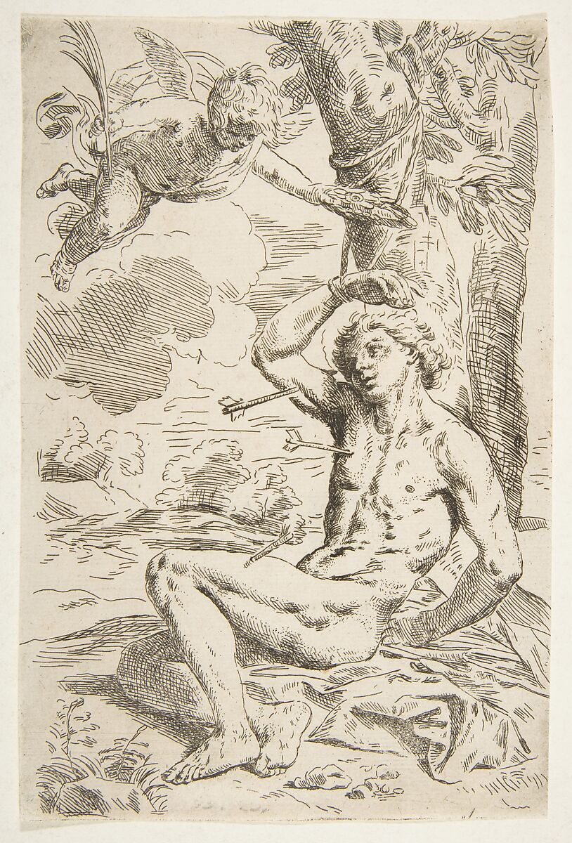 Saint Sebastian pierced with arrows and tied to a tree, copy after Cantarini, After Simone Cantarini (Italian, Pesaro 1612–1648 Verona), Etching 