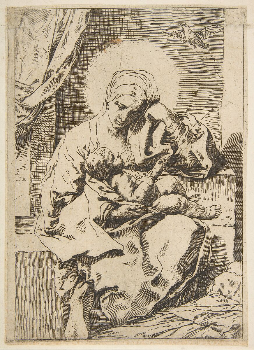 Madonna and Child with a bird, copy in reverse, After Simone Cantarini (Italian, Pesaro 1612–1648 Verona), Etching 