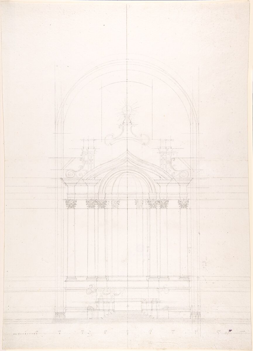 Design for the high altar of the Gesù Nuovo, Naples, Luigi Vanvitelli (Italian, Naples 1700–1773 Caserta), Graphite over compass and ruled construction lines in graphite 