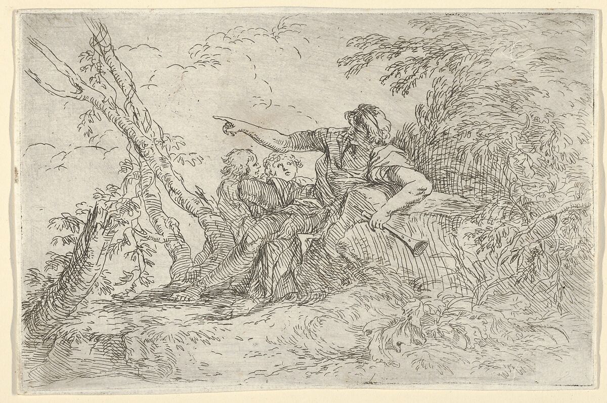 Shepherd holding a flute and two other figures in a landscape, Salvator Rosa (Italian, Arenella (Naples) 1615–1673 Rome), Etching and Drypoint 