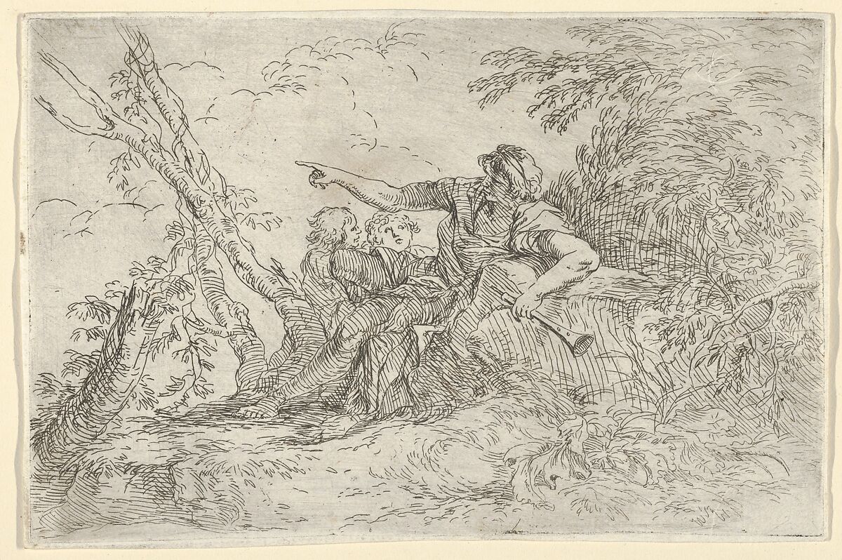 Shepherd holding a flute and two other figures in a landscape, Salvator Rosa (Italian, Arenella (Naples) 1615–1673 Rome), Etching and drypoint 