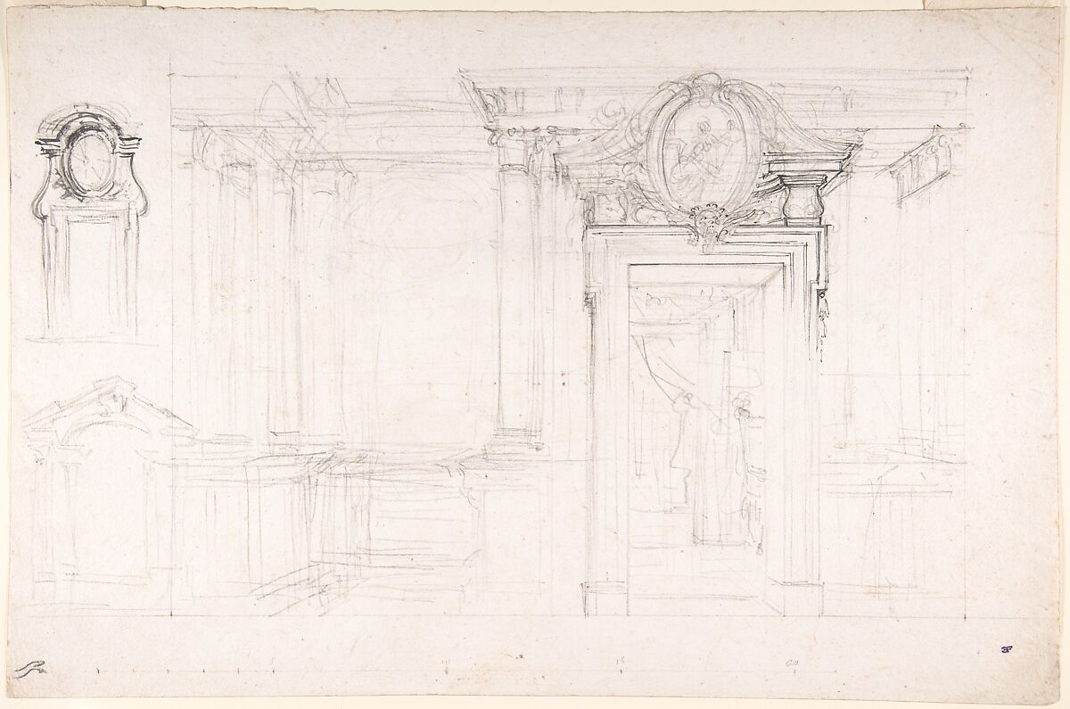 Architectural Sketch for the design of a Wall with Doorway, with two smaller sketches for the design of windows or doorways (recto); Sketches for a plan and partial perspective view of ceiling (verso), Luigi Vanvitelli (Italian, Naples 1700–1773 Caserta), Graphite partly reworked with pen and black ink and brush and black ink and ruled construction lines in graphite (recto); graphite (verso) 