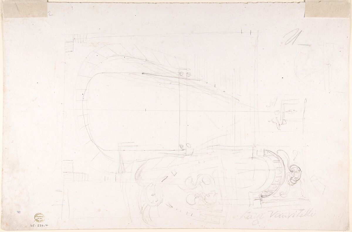 Architectural Sketch for the design of a Wall with Doorway, with two smaller sketches for the design of windows or doorways (recto); Sketches for a plan and partial perspective view of ceiling (verso), Luigi Vanvitelli (Italian, Naples 1700–1773 Caserta), Graphite partly reworked with pen and black ink and brush and black ink and ruled construction lines in graphite (recto); graphite (verso)