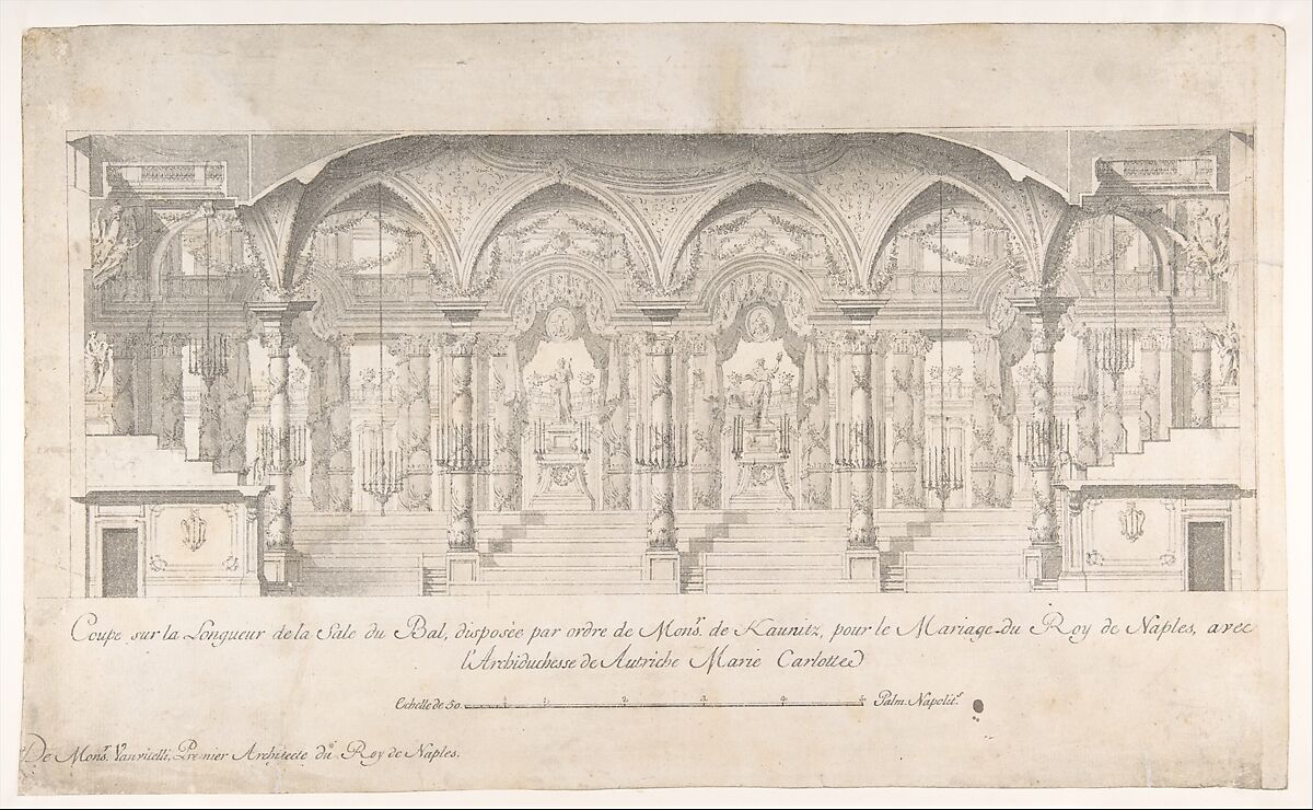 Longitudinal Section of a Ballroom Decorated for the Marriage of the King of Naples to the Archduchess of Austria, Luigi Vanvitelli (Italian, Naples 1700–1773 Caserta)  , workshop of, Pen and black-gray ink, brush and gray wash over traces of freehand underdrawing in graphite (figures), compass and ruled construction lines in graphite 