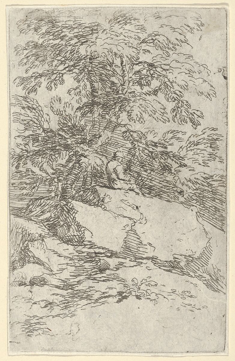 Landscape with a figure seated on a rock, Salvator Rosa (Italian, Arenella (Naples) 1615–1673 Rome), Etching 