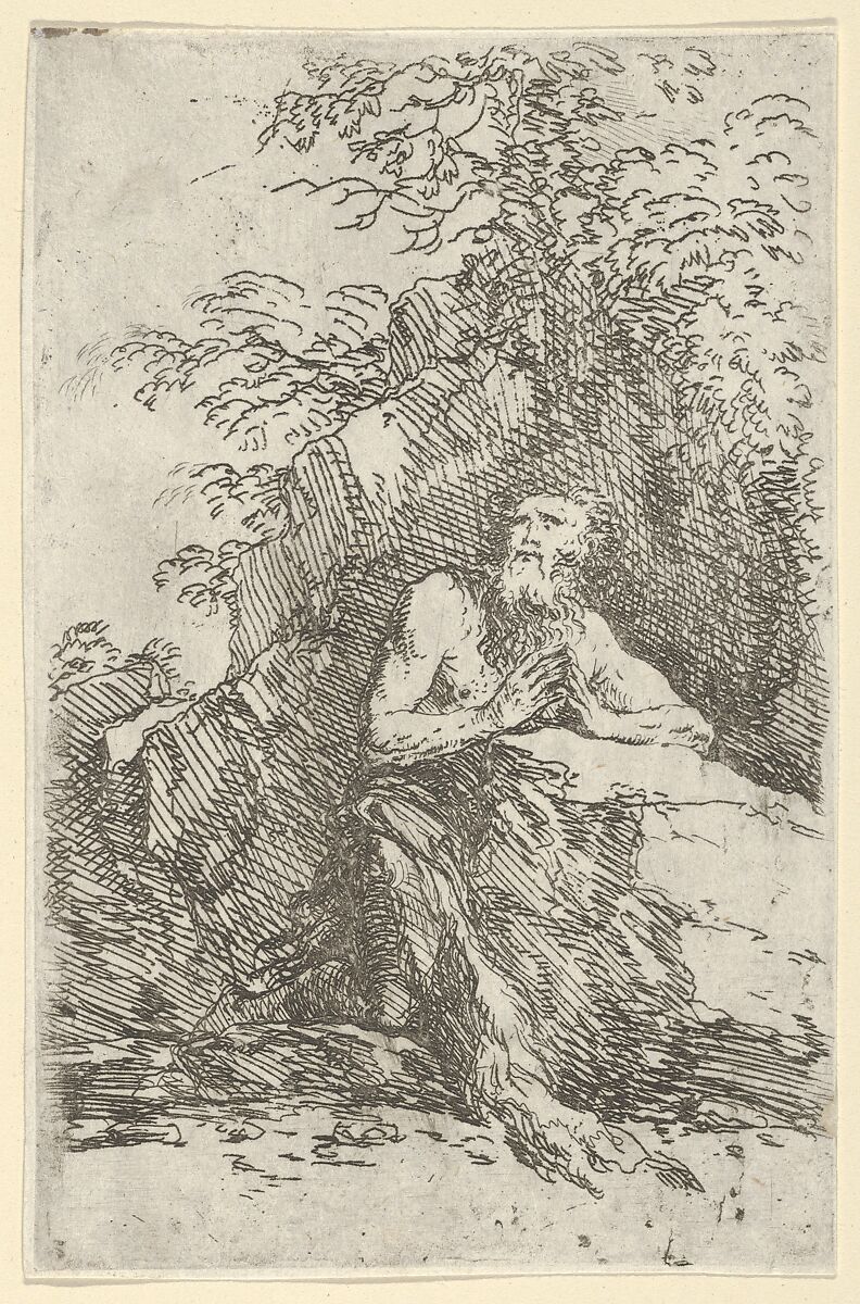 Praying male penitent in the wilderness, Salvator Rosa (Italian, Arenella (Naples) 1615–1673 Rome), Etching and Drypoint 