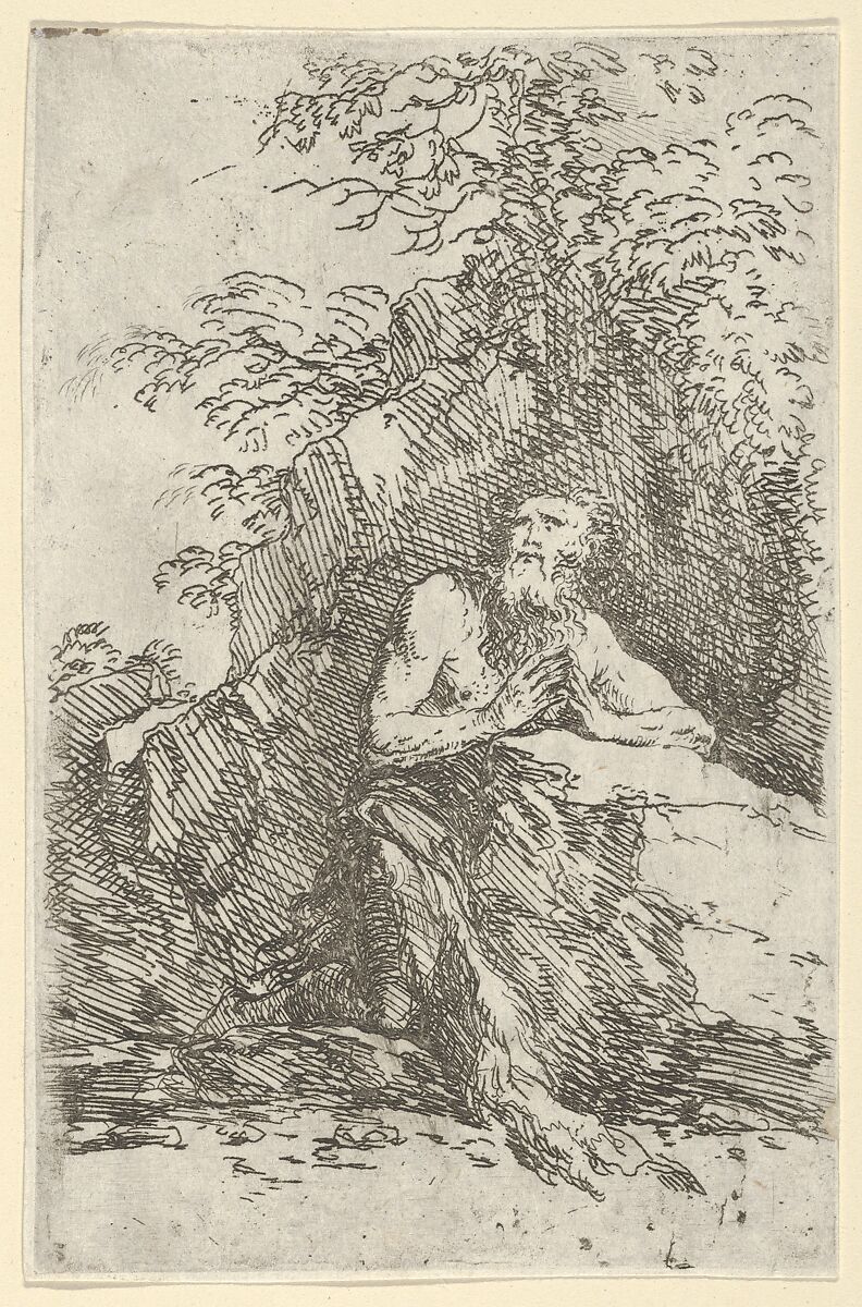 Praying male penitent in the wilderness, Salvator Rosa (Italian, Arenella (Naples) 1615–1673 Rome), Etching and drypoint 