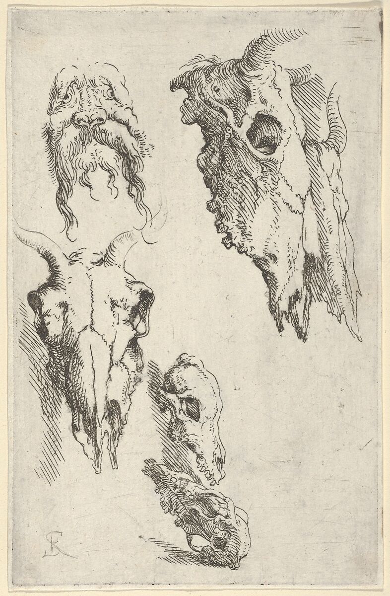 Three ox skulls, two horse skulls, and a grotesque head, study for "Democritus in Meditation", Salvator Rosa (Italian, Arenella (Naples) 1615–1673 Rome), Etching and drypoint 