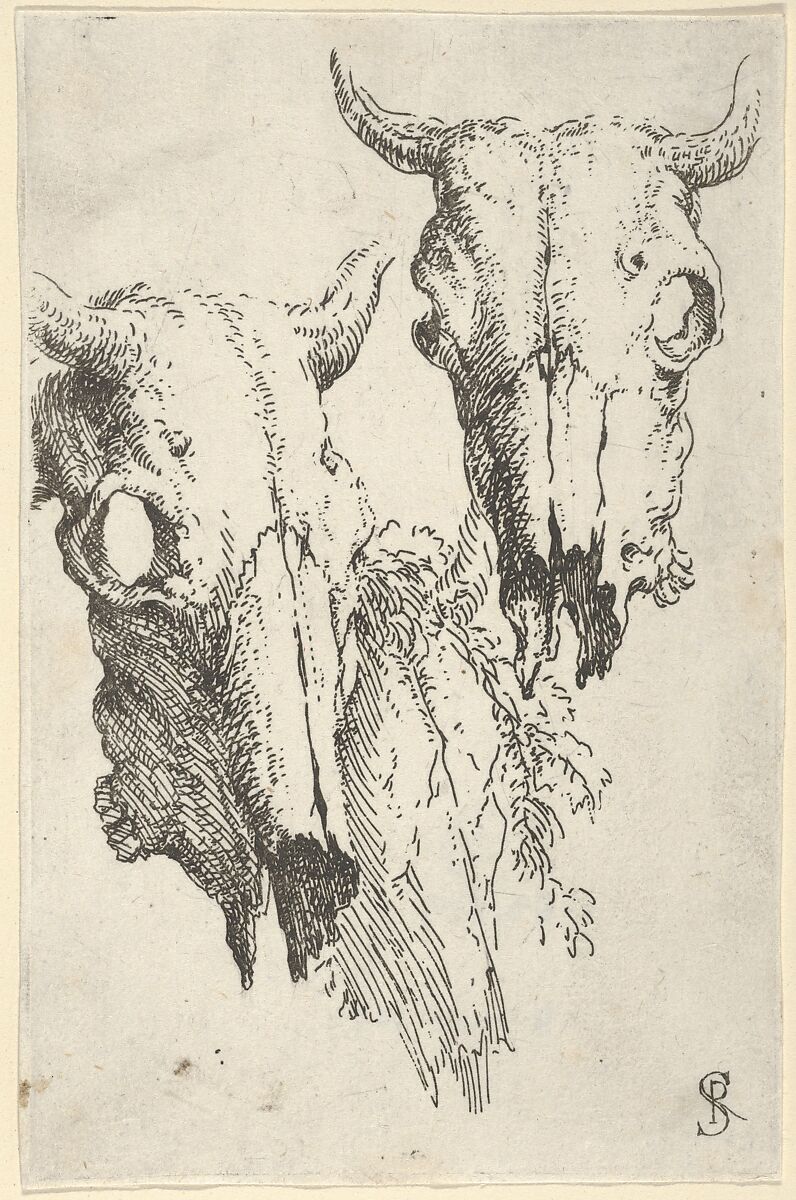 Two ox skulls and a portion of a third, study for "Democritus in Meditation", Salvator Rosa (Italian, Arenella (Naples) 1615–1673 Rome), Etching 