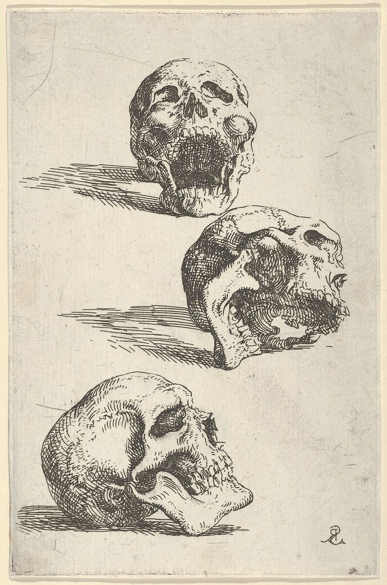 Three human skulls, study for "Democritus in Meditation", Salvator Rosa (Italian, Arenella (Naples) 1615–1673 Rome), Etching 