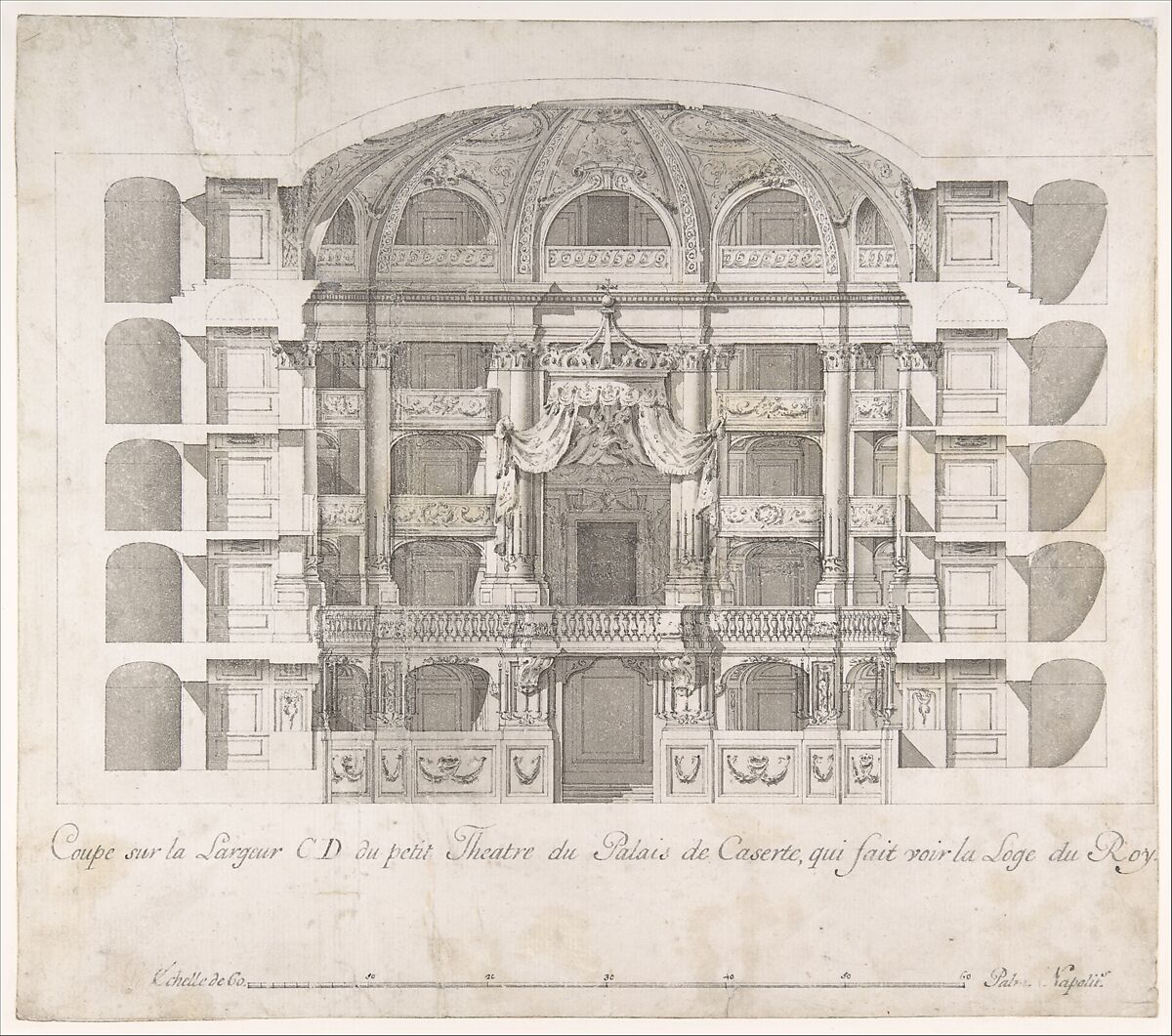 Transverse Section of the Small Theater in the Palace of Caserta with a View Towards the Royal Box, Luigi Vanvitelli (Italian, Naples 1700–1773 Caserta)  , workshop of, Pen and black-gray ink, brush and gray wash, over traces of compass and ruled construction lines in graphite 