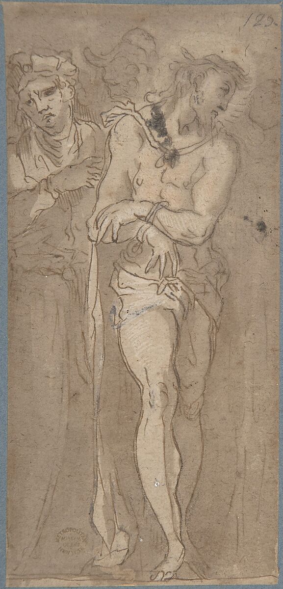 Christ Bound, Anonymous, Italian, 16th century (Italian, active Central Italy, ca. 1550–1580), Pen and brown ink, brown wash, highlighted with white on brown paper 