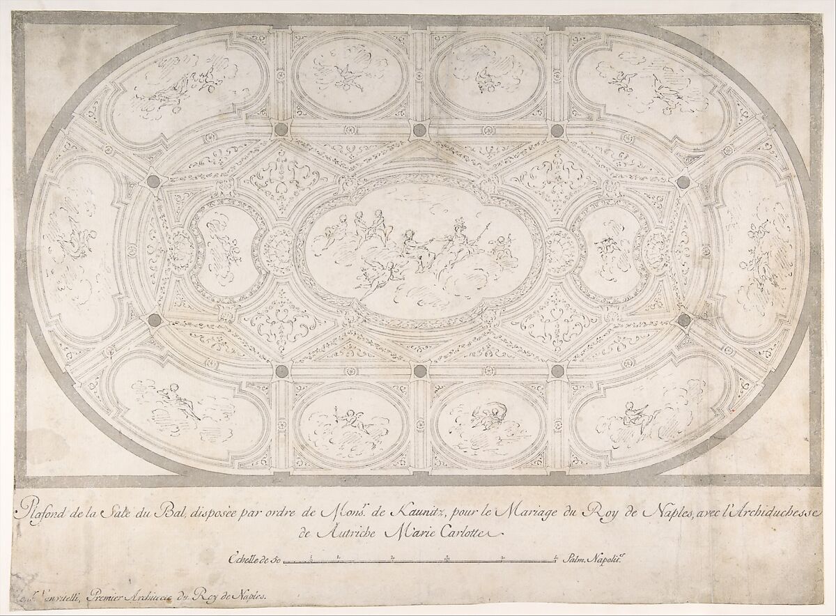 Ceiling of Ballroom decorated for the Marriage of the King of Naples to the Archduchess of Austria, Luigi Vanvitelli (Italian, Naples 1700–1773 Caserta)  , workshop of, Pen and black-gray ink, brush and gray wash over traces of freehand graphite (figures) and of compass and ruled construction lines in graphite 