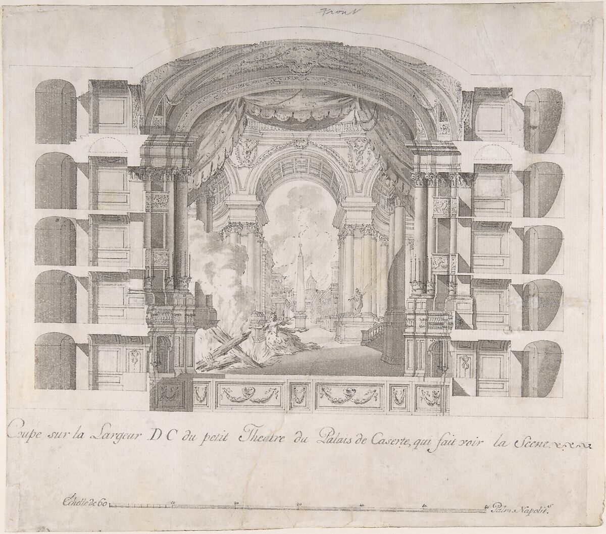Transverse Section of the Small Theater at the Palace of Caserta, with a View of a Stage Design, Luigi Vanvitelli (Italian, Naples 1700–1773 Caserta)  , workshop of, Pen and black-gray ink, brush and gray wash, over freehand underdrawing in graphite (figures) and traces of compass and ruled construction lines in graphite 