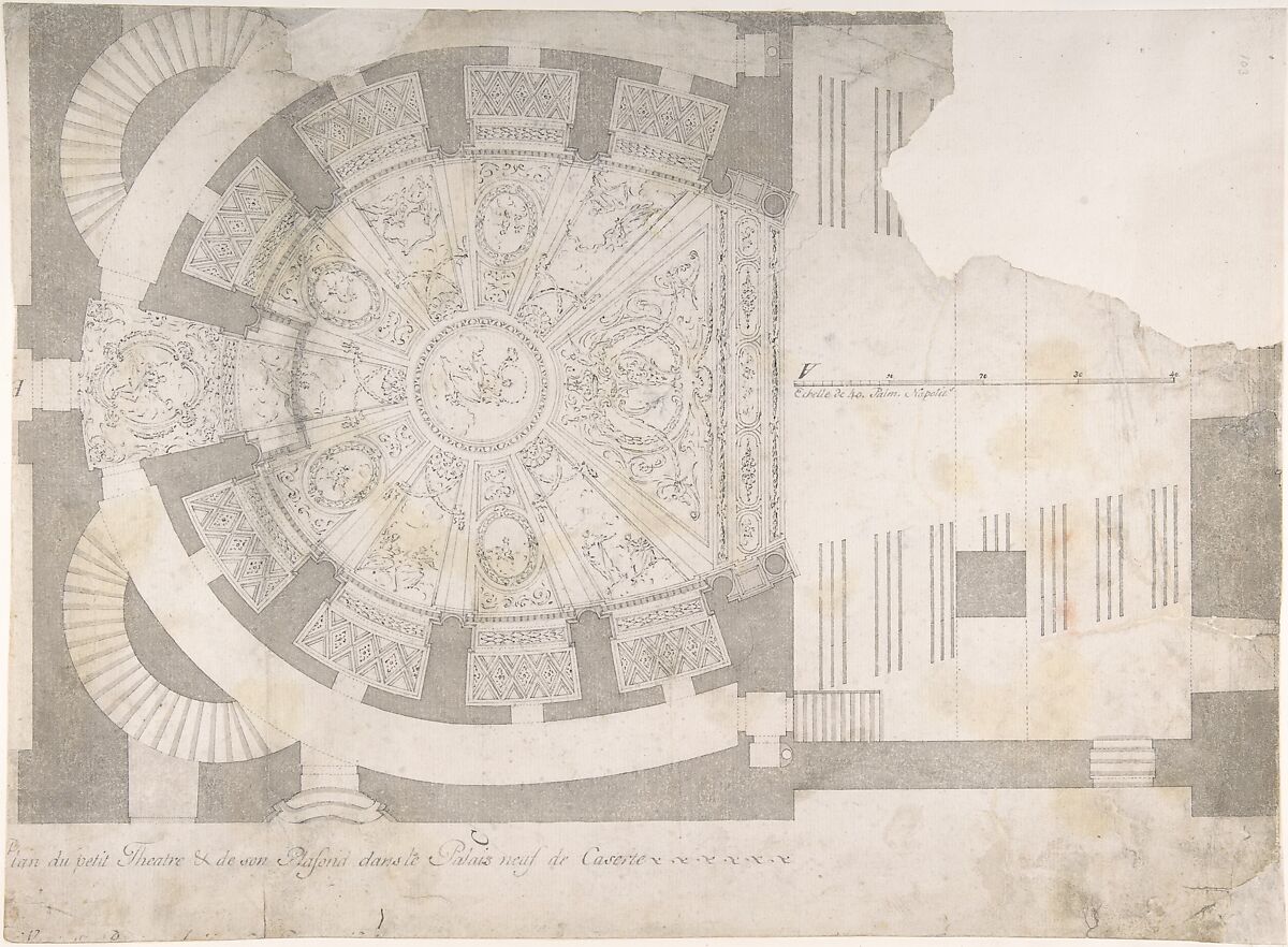 Projection of Ceiling Over Plan of the Small Theater in the Palace at Caserta, Luigi Vanvitelli (Italian, Naples 1700–1773 Caserta)  , workshop of, Pen and black-gray ink, brush and gray wash over freehand underdrawing in graphite (figures) and compass and ruled construction lines in graphite 