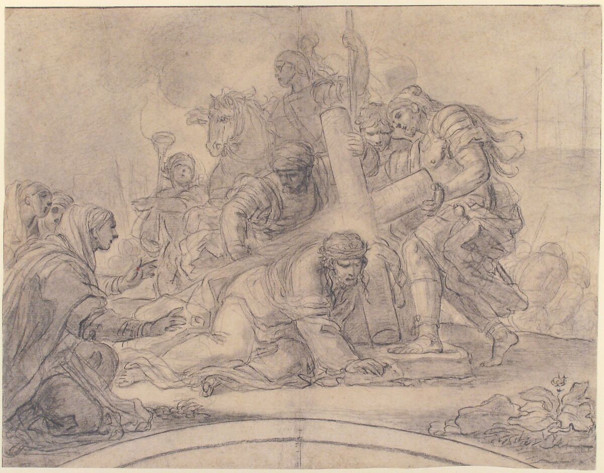 Christ Falls under the Cross, Girolamo Starace (Italian, Naples ca. 1730–1794 Naples (?)), Black chalk, stumped, pen and black ink, brush and gray wash. Framing lines in pen and black ink at top and sides of sheet