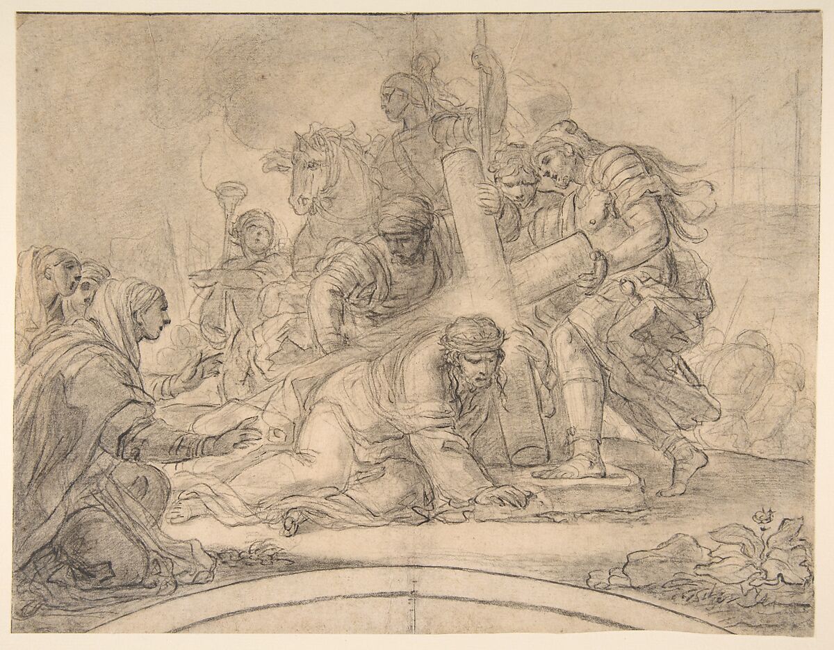 Christ Falls under the Cross, Girolamo Starace (Italian, Naples ca. 1730–1794 Naples (?)), Black chalk, stumped, pen and black ink, brush and gray wash. Framing lines in pen and black ink at top and sides of sheet 