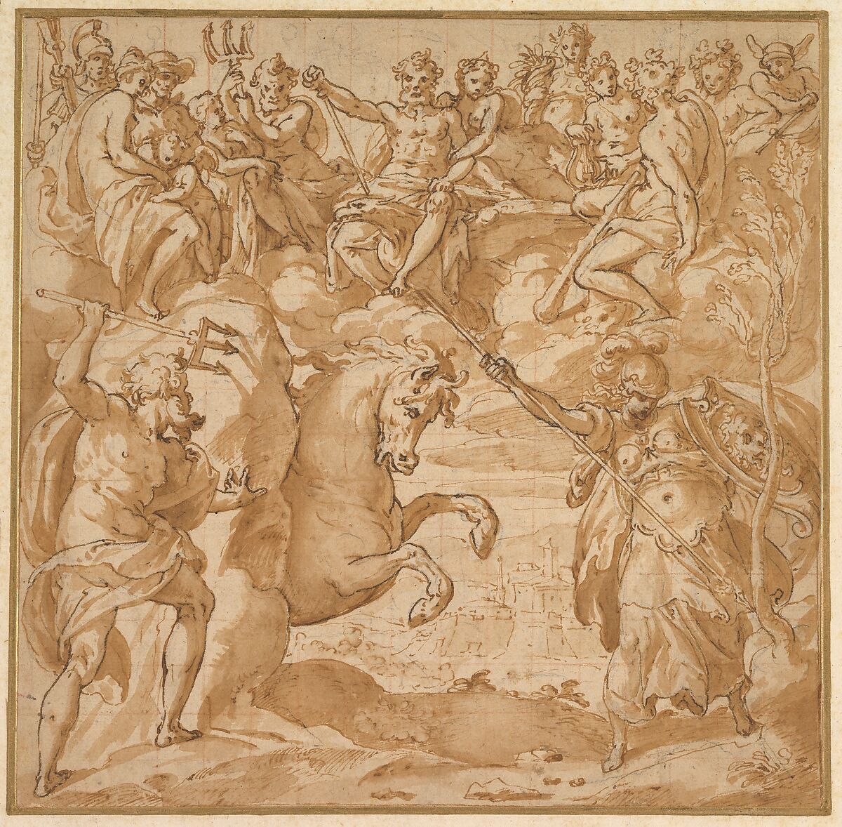 The Contest Between Athena and Poseidon for the Possession of Athens, Cesare Nebbia (Italian, Orvieto ca. 1536–1614 Orvieto), Pen and brown ink, brush and brown wash, over traces of leadpoint or black chalk; squared in red chalk; traces of framing lines in pen and darker brown ink 