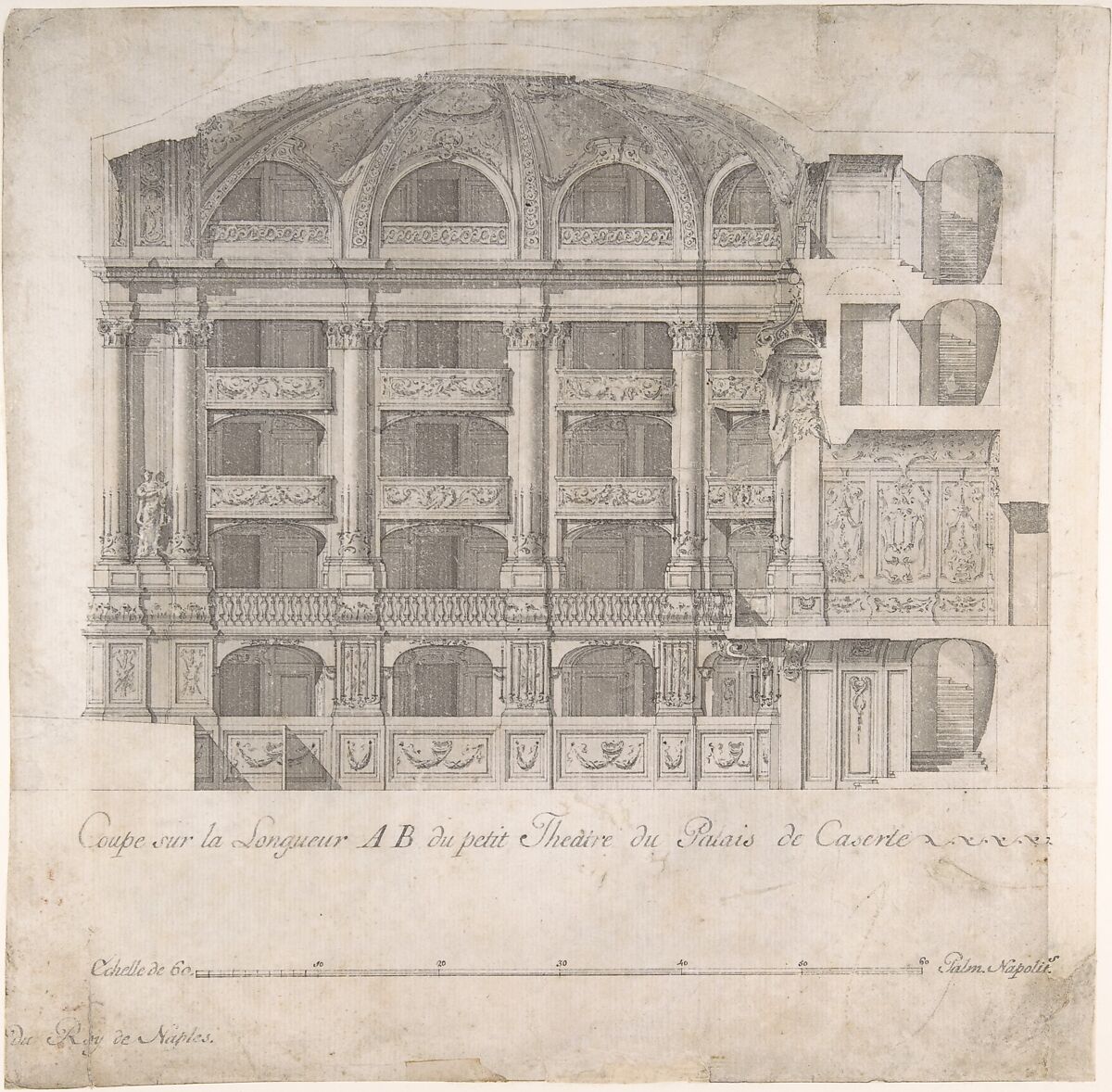 Longitudinal Section of the Small Theater in the Palace at Caserta, Luigi Vanvitelli (Italian, Naples 1700–1773 Caserta)  , workshop of, Pen and black ink, brush and gray wash, over traces of compass and ruled construction lines in graphite 