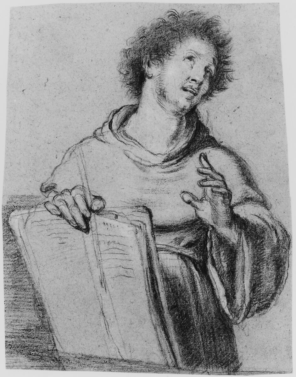 Half-Length Study of a Monk Holding a Book and a Long Implement, Bernardo Strozzi (Italian, Genoa 1581–1644 Venice), Black chalk, highlighted with white chalk on blue-gray paper