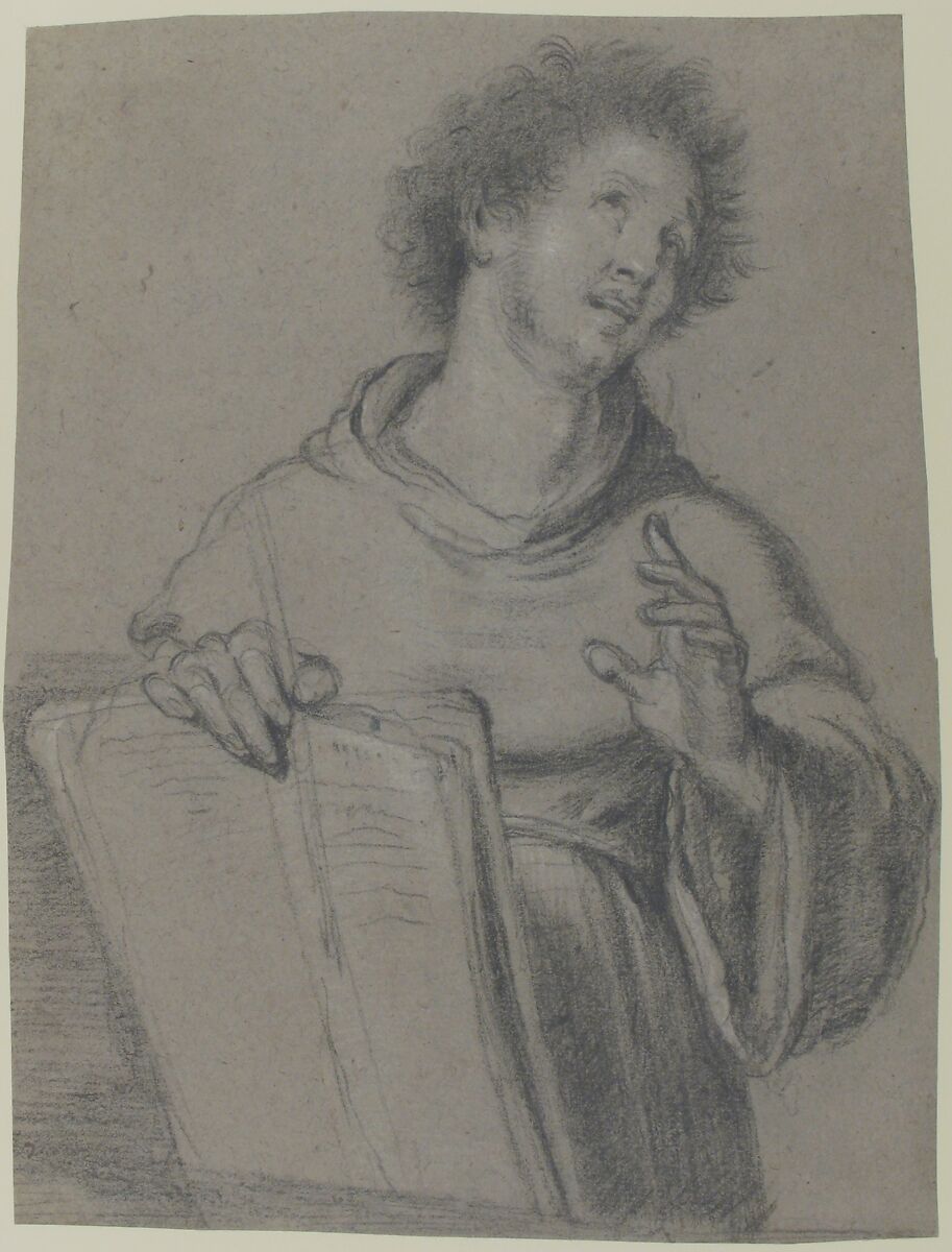 Half-Length Study of a Monk Holding a Book and a Long Implement, Bernardo Strozzi (Italian, Genoa 1581–1644 Venice), Black chalk, highlighted with white chalk on blue-gray paper