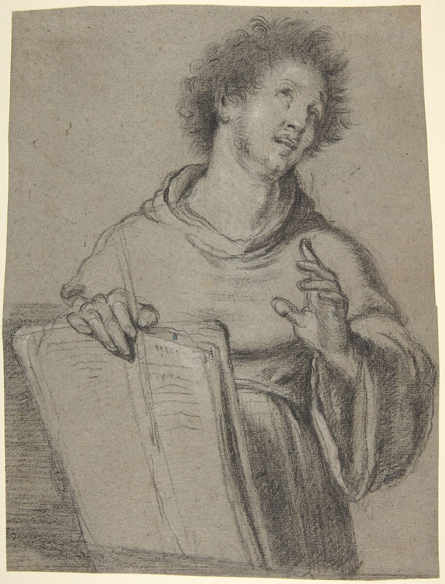 Half-Length Study of a Monk Holding a Book and a Long Implement, Bernardo Strozzi (Italian, Genoa 1581–1644 Venice), Black chalk, highlighted with white chalk on blue-gray paper 