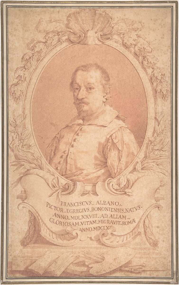 Portrait of Francesco Albani, Attributed to Sempronio Subissati (Italian, Urbino 1680–1758 Madrid 1758), Red chalk, stumped in the portrait medallion, over traces of black chalk 