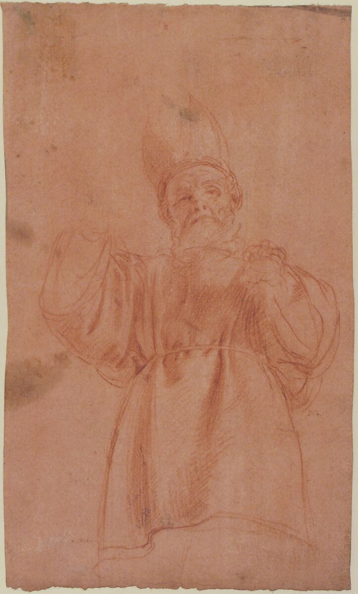 Priest with Upraised Arms Wearing a Two-Horned Tiara, Antonio d'Enrico Tanzio (Tanzio da Varallo) (Italian, Riale d'Alagna 1575/80–1632/33 Novara), Red chalk on red-washed paper