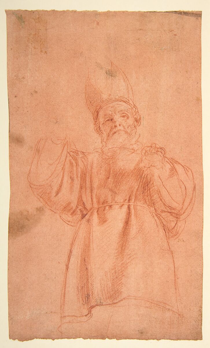 Priest with Upraised Arms Wearing a Two-Horned Tiara, Antonio d&#39;Enrico Tanzio (Tanzio da Varallo) (Italian, Riale d&#39;Alagna 1575/80–1632/33 Novara), Red chalk on red-washed paper 