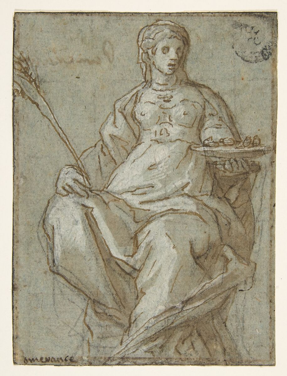 Allegorical Female Figure Holding a Branch and a Dish, Attributed to Lazzaro Tavarone (Italian, Genoa 1556–1641 Genoa), Pen and brown ink, brush and pale brown wash, highlighted with white, over black chalk, on blue paper. Faintly squared in black chalk 