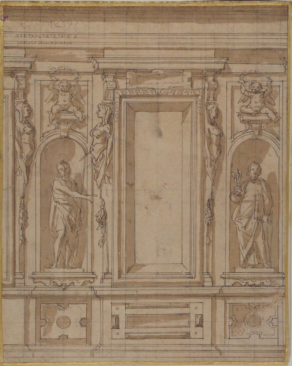 Wall Elevation with a Window and Statues of Saint John the Baptist and Saint Peter in Niches, Lazzaro Tavarone (Italian, Genoa 1556–1641 Genoa), Pen and brown ink, brush and brown wash, over black chalk; squared in black chalk