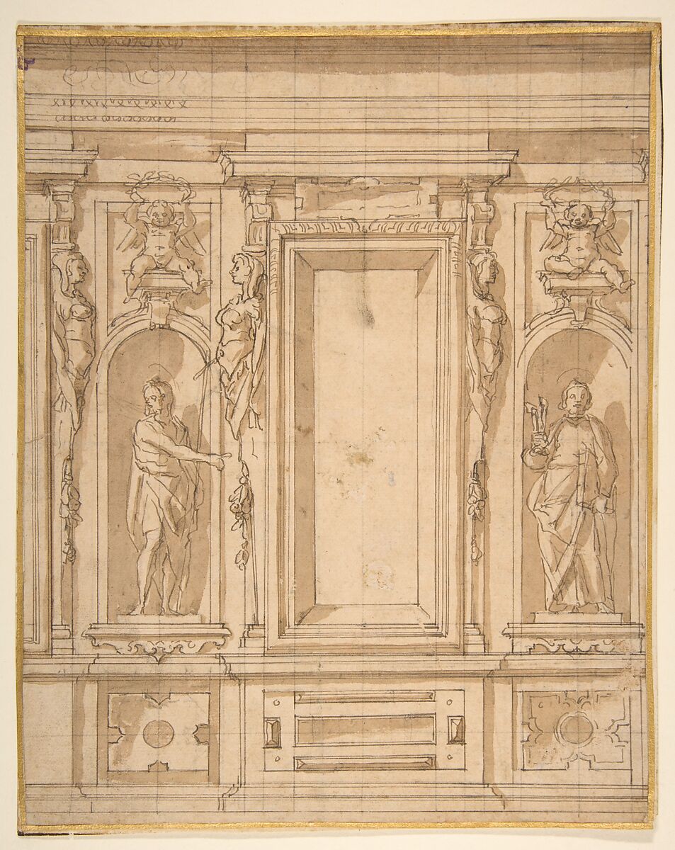 Wall Elevation with a Window and Statues of Saint John the Baptist and Saint Peter in Niches, Lazzaro Tavarone (Italian, Genoa 1556–1641 Genoa), Pen and brown ink, brush and brown wash, over black chalk. Squared in black chalk 